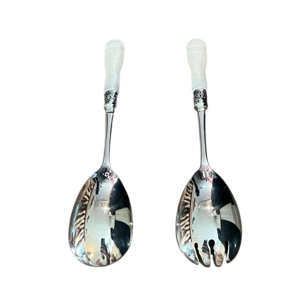 Pair Vintage SLAH Faux Carved Mother of Pearl Handles Salad Serving Spoon & Fork